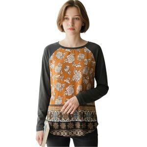 Rewind Floral Orange Gray long Sleeve Top SM EUC